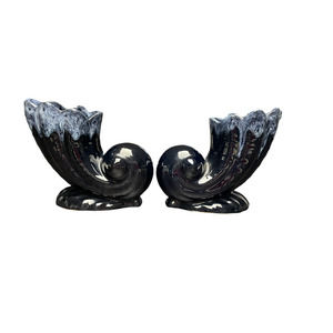 Vintage Anna Van Briggle Blue Drip Hi Fire Glaze Cornucopia Vases Set of 2